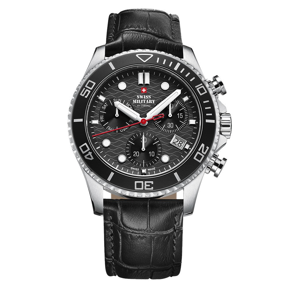 Swiss Military Black Leather Chronograph Men's Swiss Made Watch  - SM34051.04
