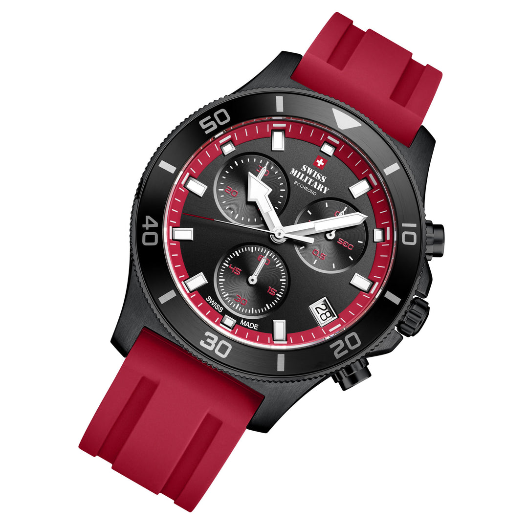 Swiss Military Red Silicone Band Black Dial Men's Chrono Watch - SM34067.15