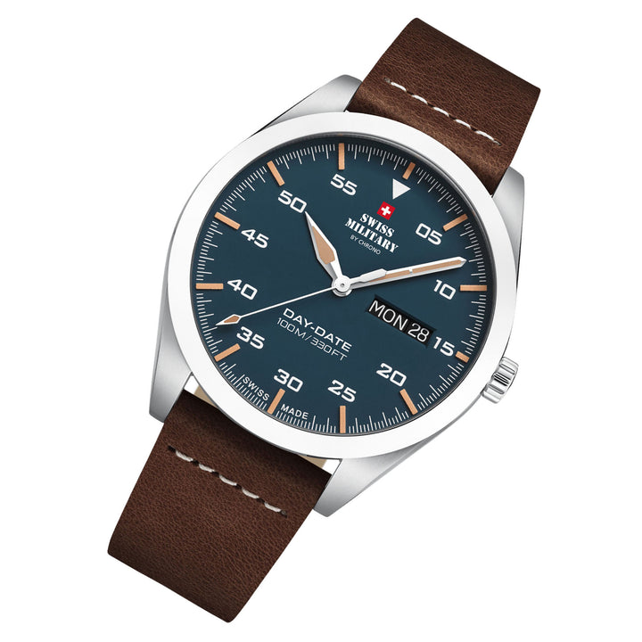 Swiss Military Brown Leather Band Blue Dial Men's Watch - SM34087.05