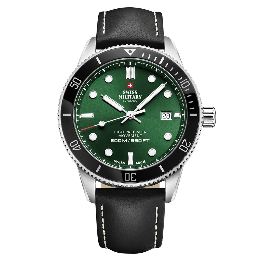 Swiss Military Black Leather Band Green Dial Men's Watch - SM34088.06