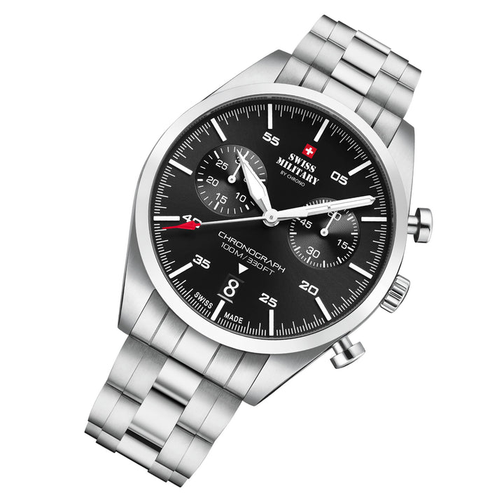 Swiss Military Silver Steel Black Dial Men's Chrono Watch - SM34090.01