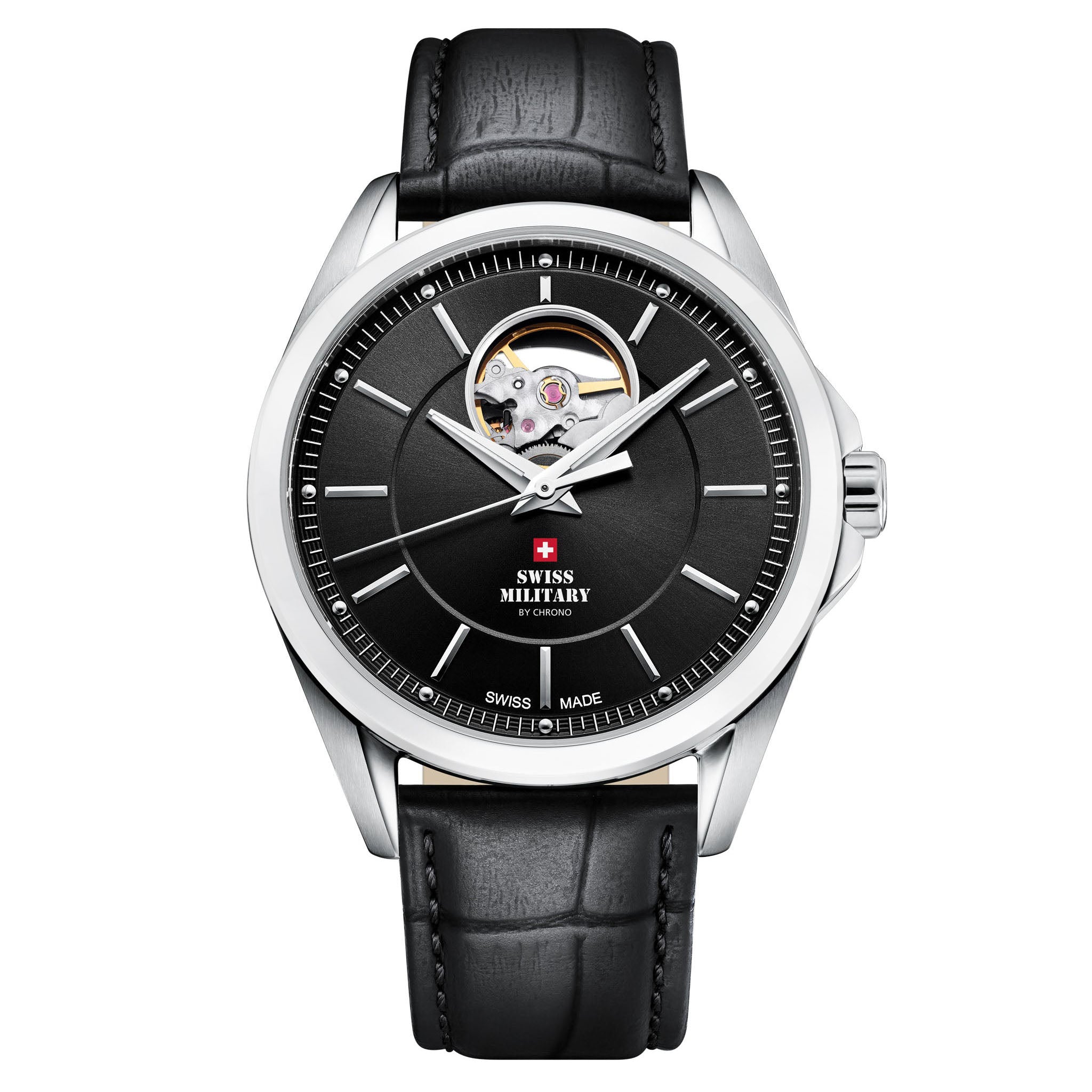 Swiss Military Black Leather Automatic Men's Swiss Made Watch - SMA34085.33