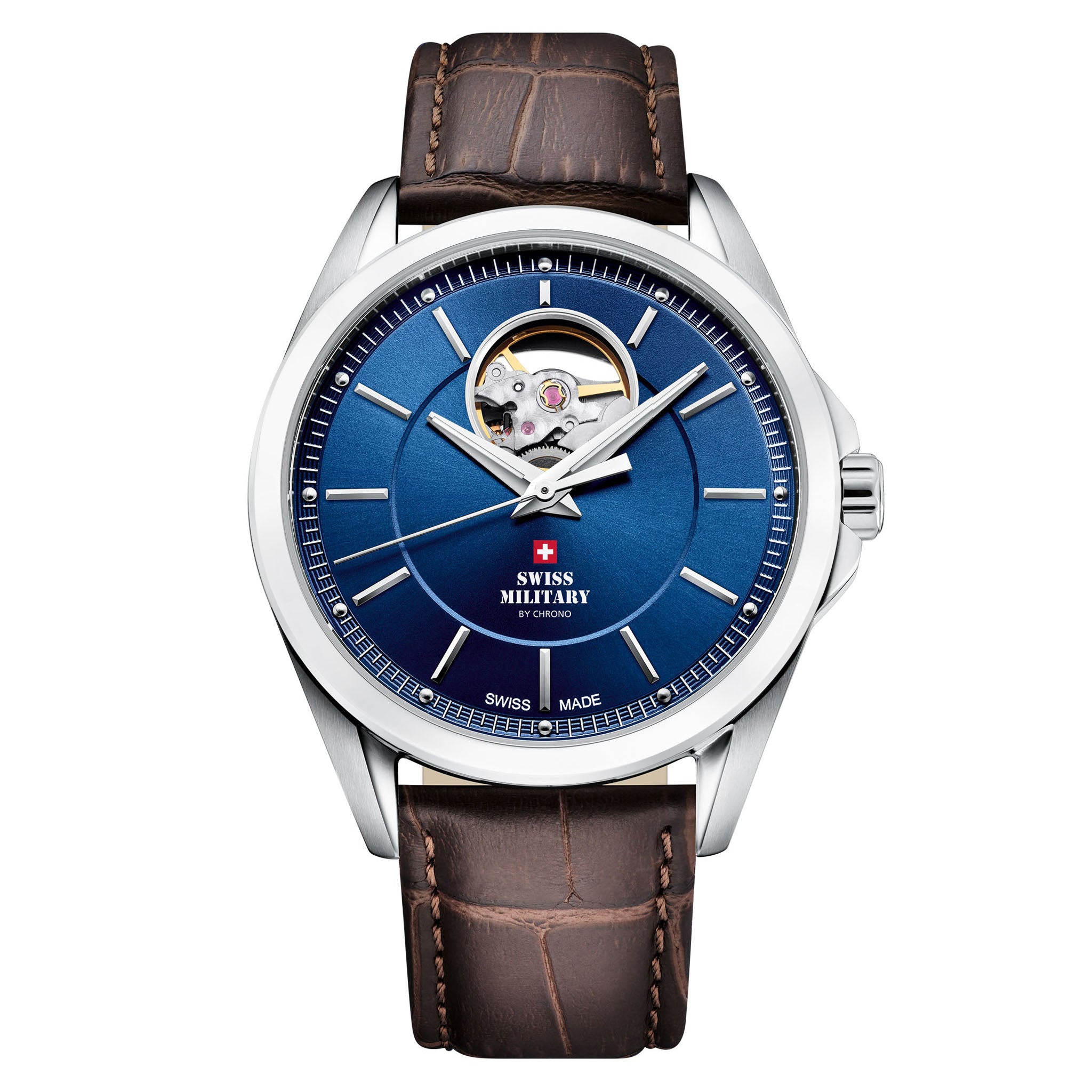 Swiss Military Brown Leather Blue Dial Automatic Men's Swiss Made Watch - SMA34085.35