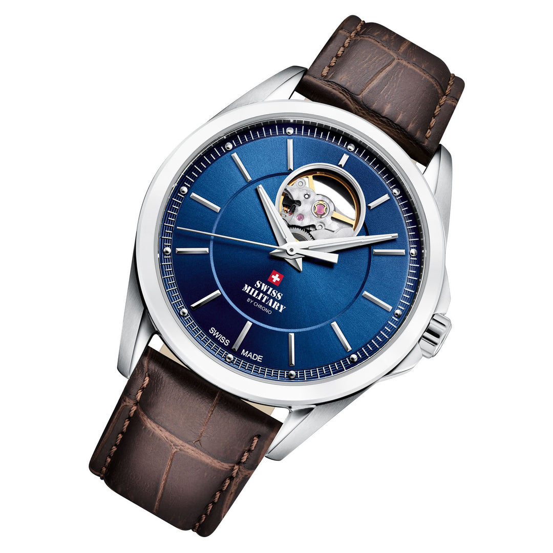 Swiss Military Brown Leather Band Blue Dial Men's Automatic Watch - SMA34085.35