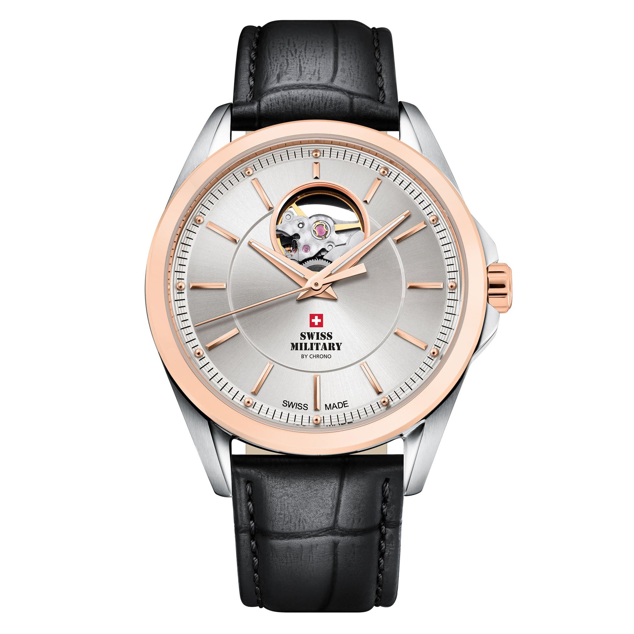 Swiss Military Black Leather Silver Dial Automatic Men's Swiss Made Watch - SMA34085.37