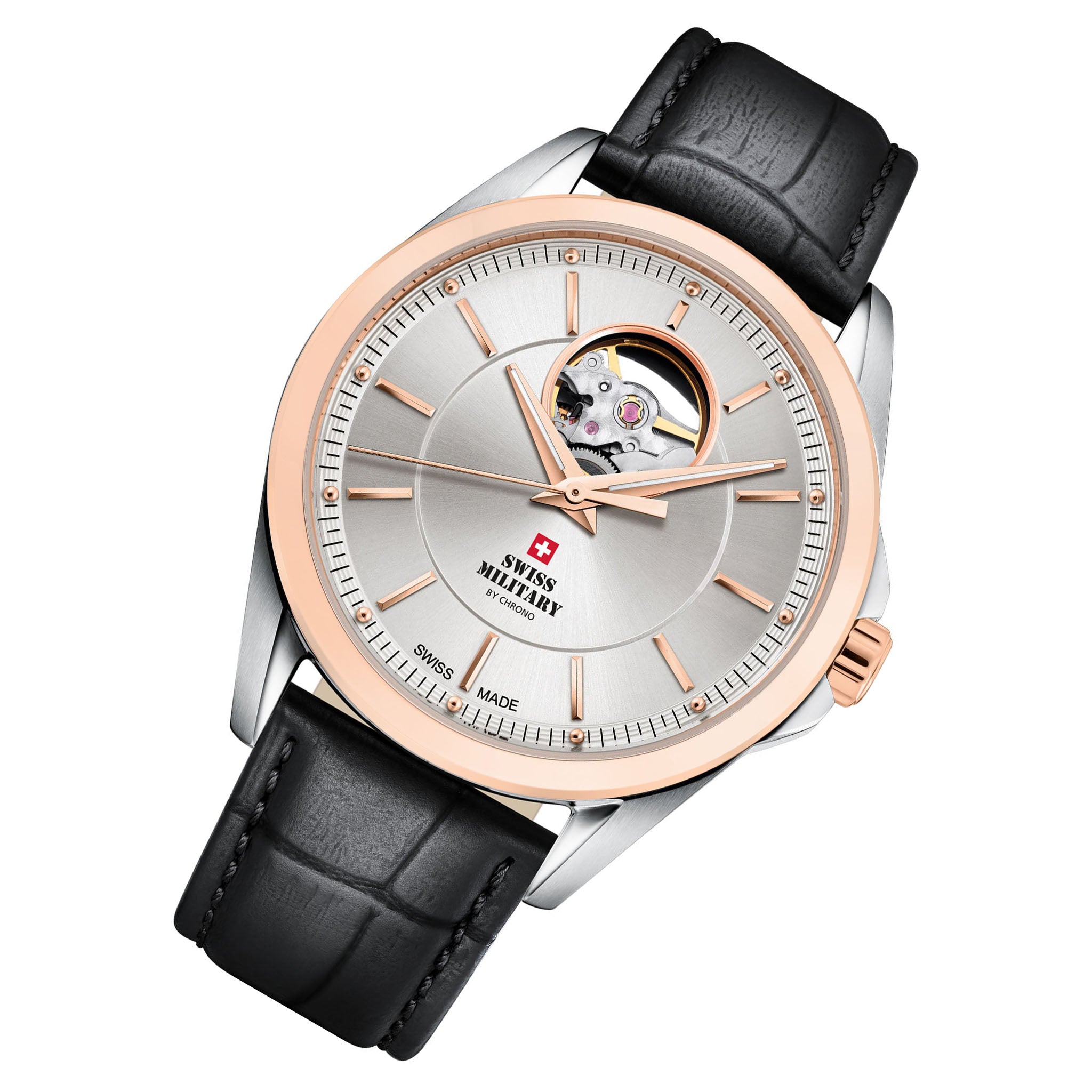Swiss Military Black Leather Silver Dial Automatic Men's Swiss Made Watch - SMA34085.37