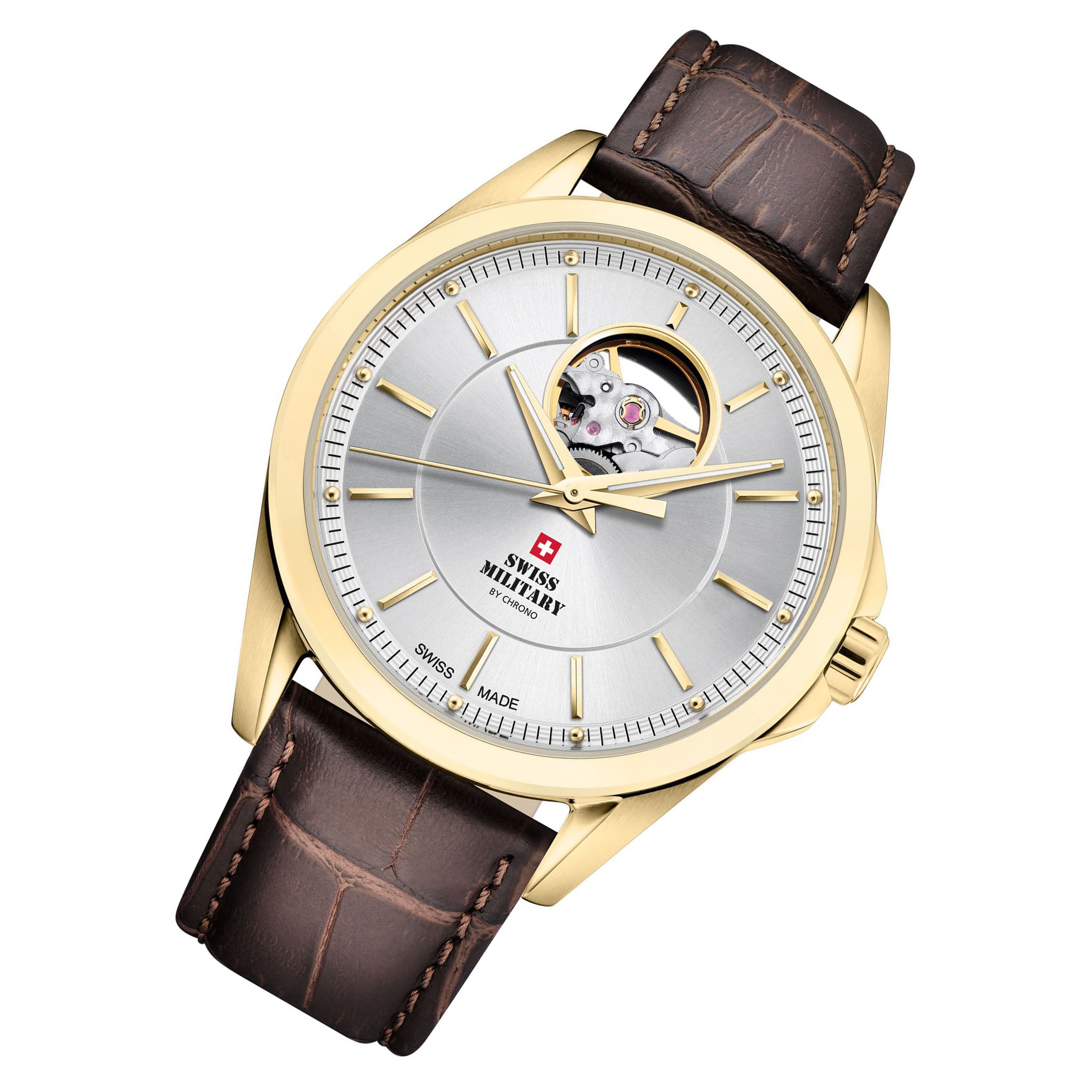 Swiss Military Brown Leather Silver Dial Automatic Men's Swiss Made Watch - SMA34085.38