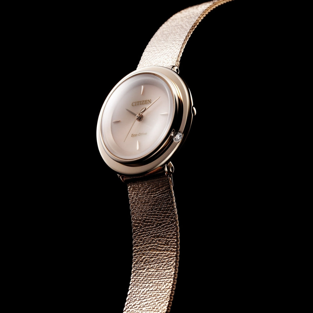 Citizen Ladies Diamond Eco-Drive Rose Gold Steel Mesh Watch - EM0643-84X