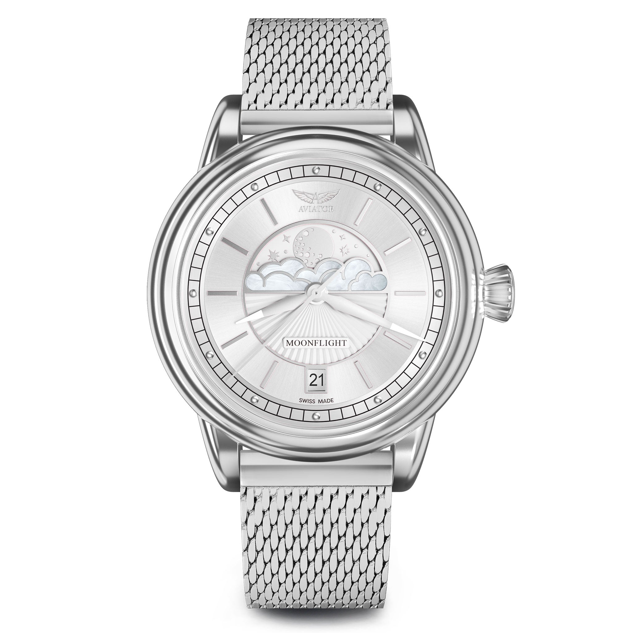 Aviator Stainless Steel Mesh White Dial Swiss Made Women's Watch - V13302505