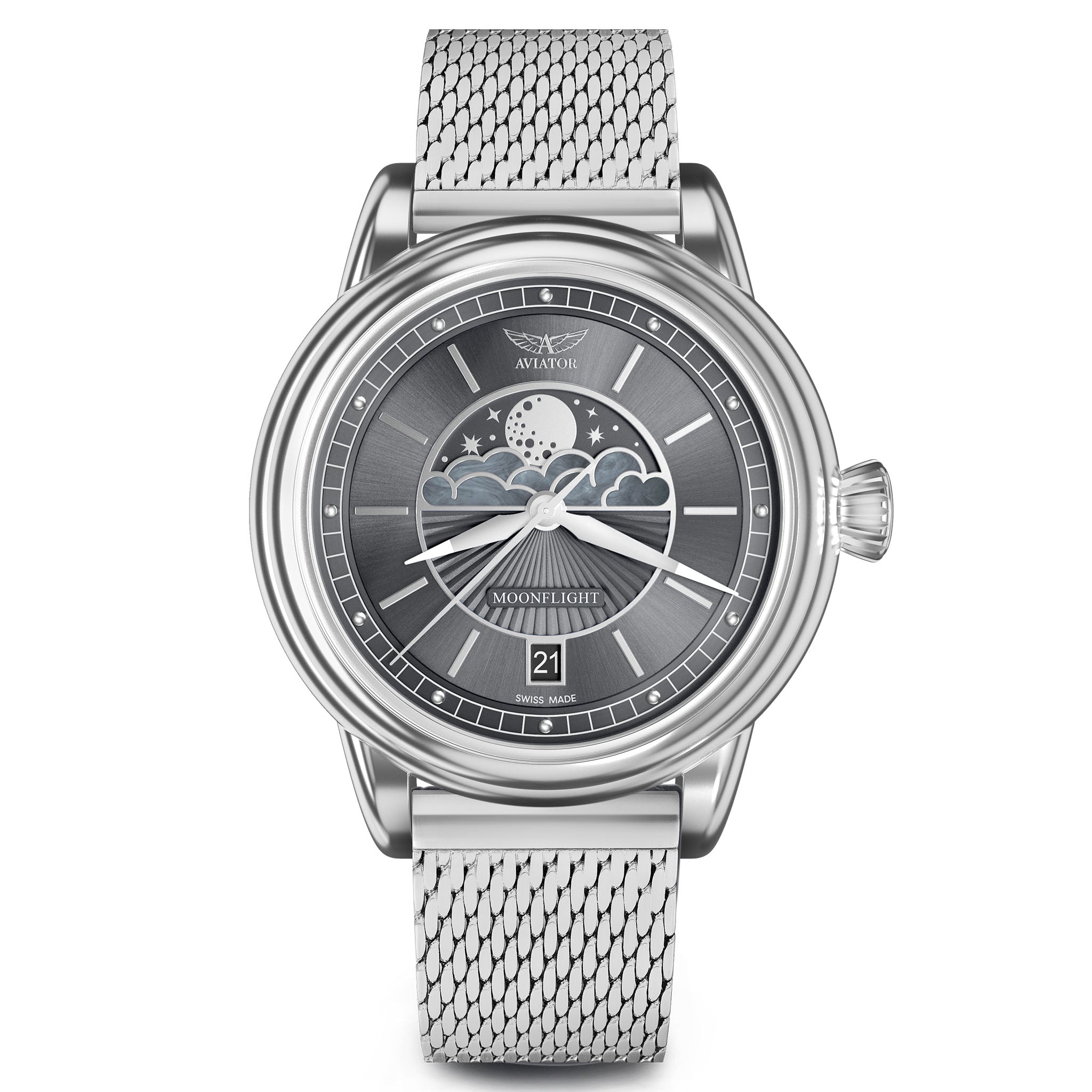 Aviator Silver Steel Mesh Grey Dial Swiss Made Women's Watch - V13302545