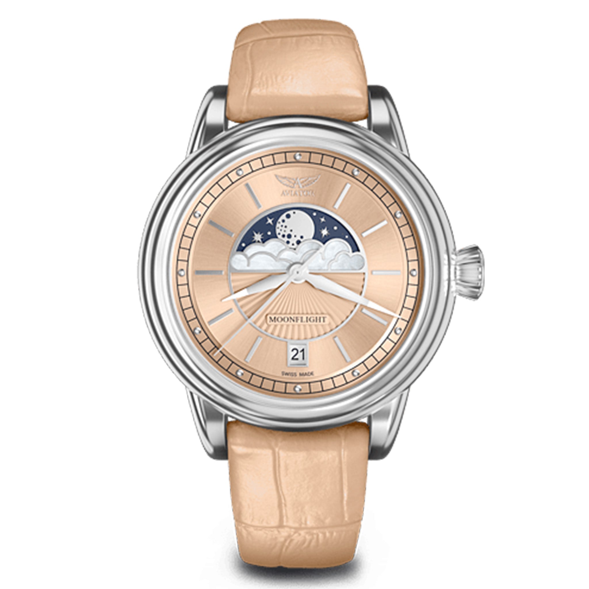 Aviator Stainless Steel Beige Leather Women's Watch - V13302594