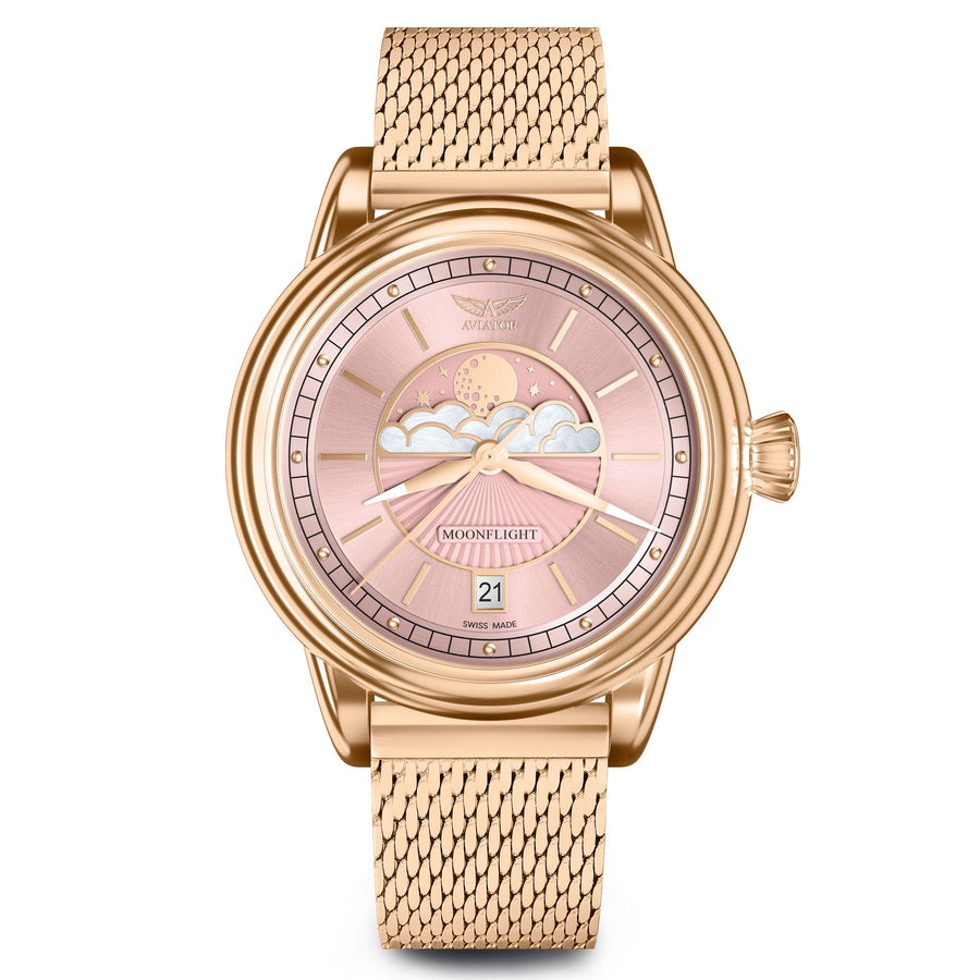 Aviator Gold Mesh Pink Dial Swiss Made Women's Watch - V13322585