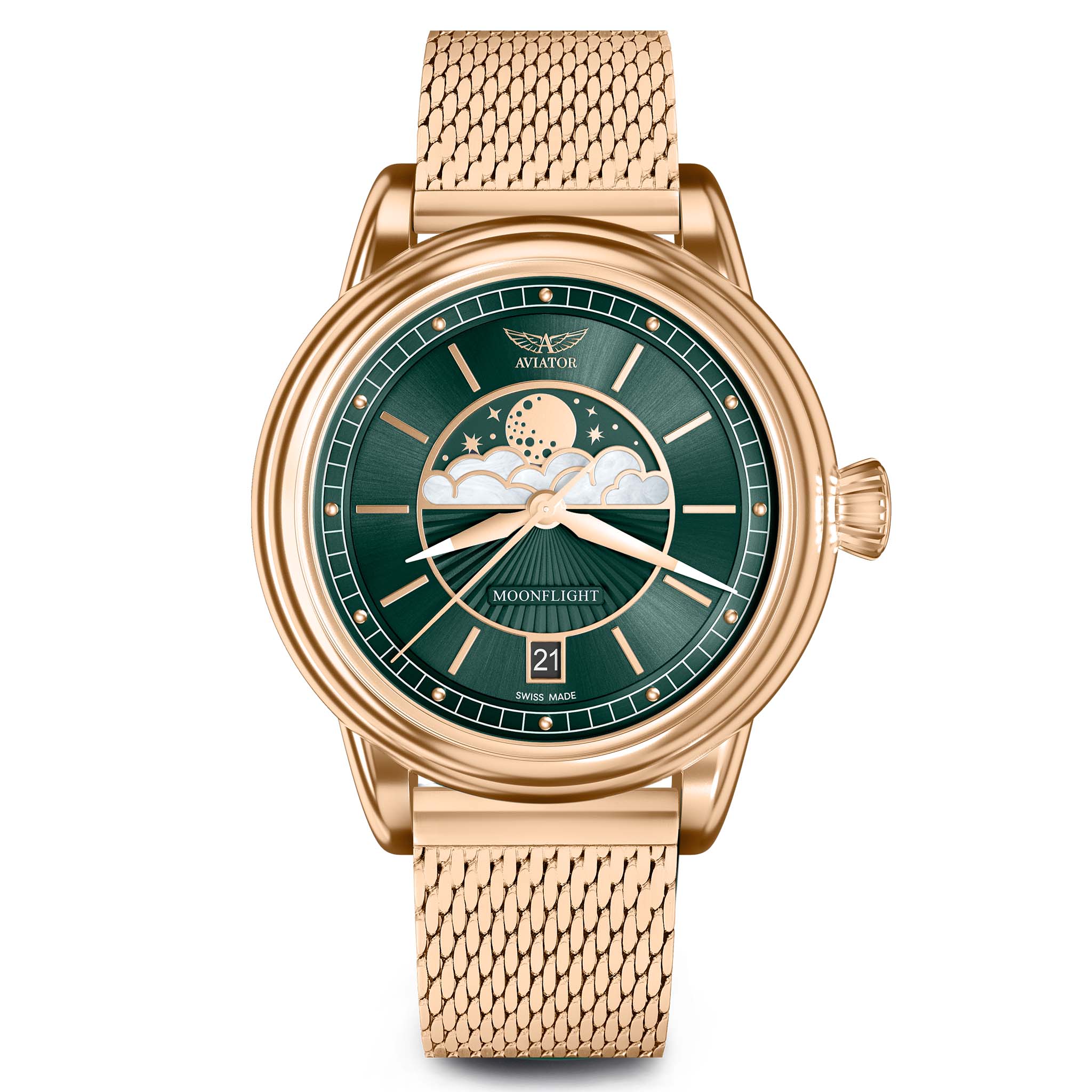 Aviator Gold Mesh Green Dial Swiss Made Women's Watch - V13322635
