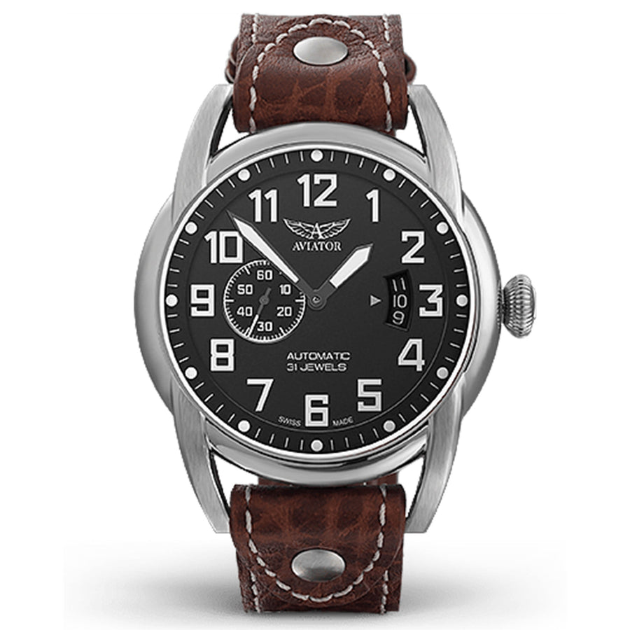 Aviator Stainless Steel Brown Leather Men's Watch - V31801604