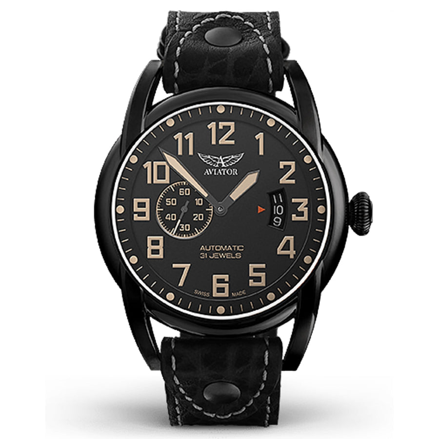 Aviator Stainless Steel Black Leather Men's Watch - V31851624