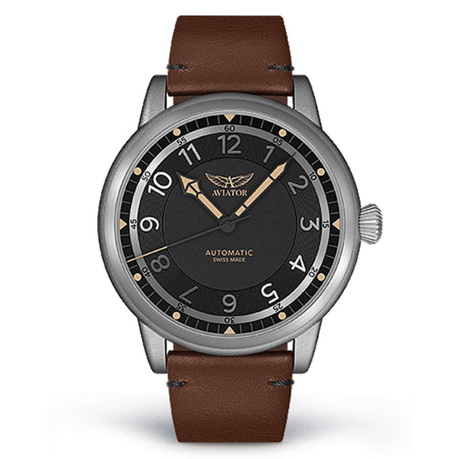 Aviator Stainless Steel Brown Leather Men's Watch - V33102284