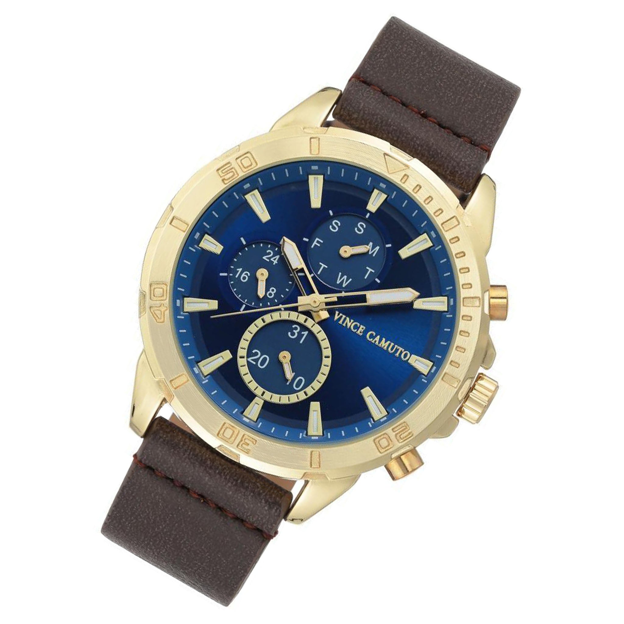 Vince Camuto Brown Polyurethane Band Blue Dial Multi-function Men's  Watch - VC1141BLGP