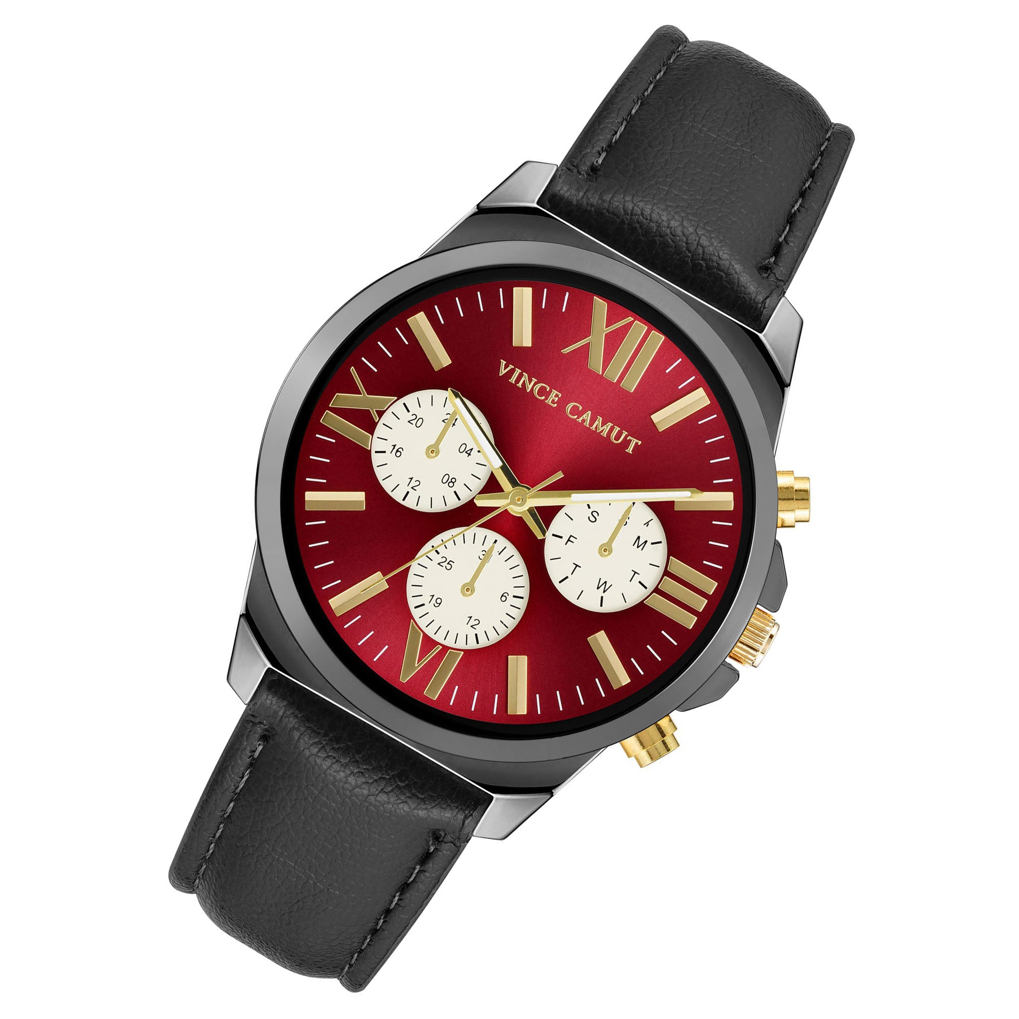 Vince Camuto Black Leather Burgundy Dial Multi-Function Men's Watch - VC8034GNBYBK