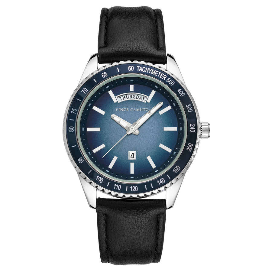 Vince Camuto Black Leather Navy Dial Men's Watch - VC8037SVNVBK