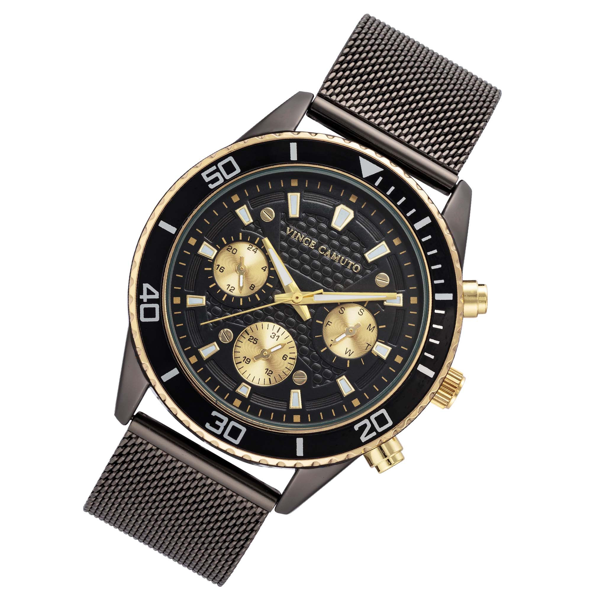 Vince Camuto Gunmetal Mesh Black Dial Multi-Function Men's Watch - VC8039DTDG