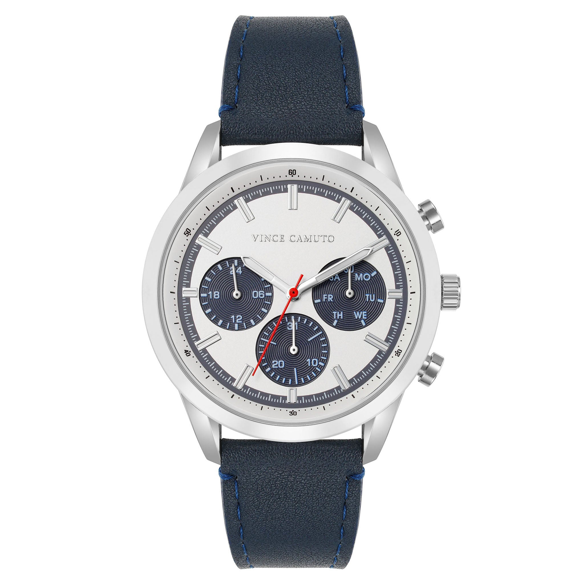 Vince Camuto Navy Leather Silver Dial Men's Multi-Function Watch - VC8047SVSVNV