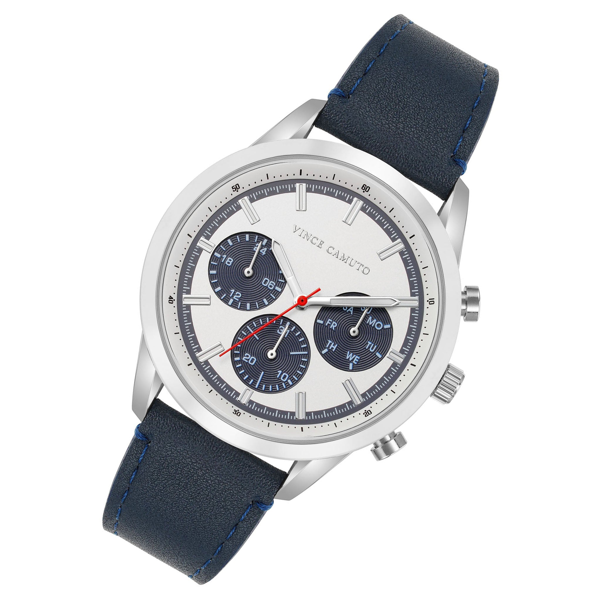 Vince Camuto Navy Leather Silver Dial Men's Multi-Function Watch - VC8047SVSVNV