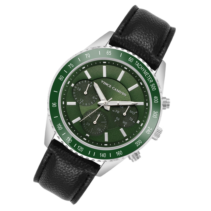 Vince Camuto Black Leather Green Dial Multi-Function Men's Watch - VC8050SVGRBK