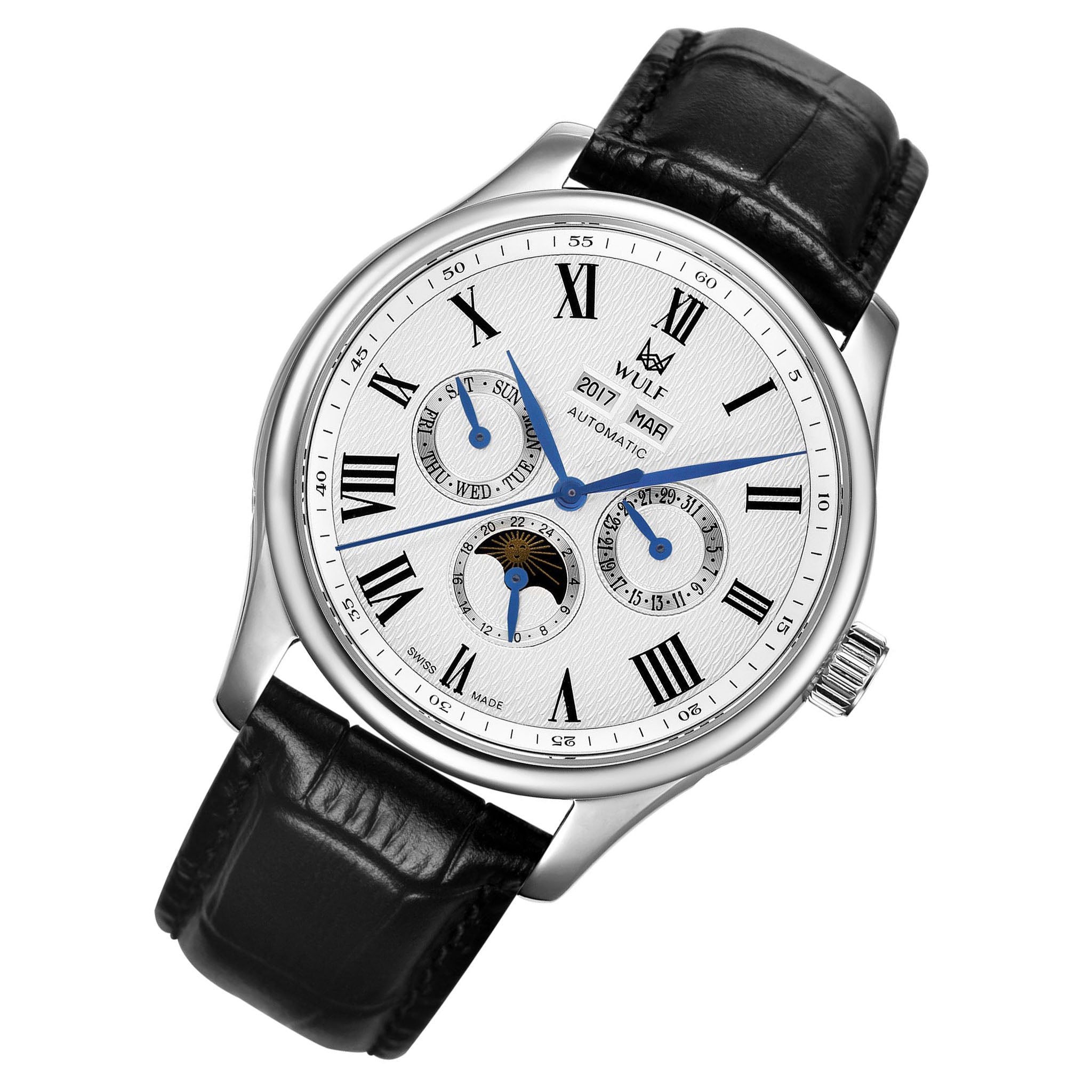 Wulf ALPHA Black Leather White Dial Multi-function Men's Automatic Watch - WF03.01