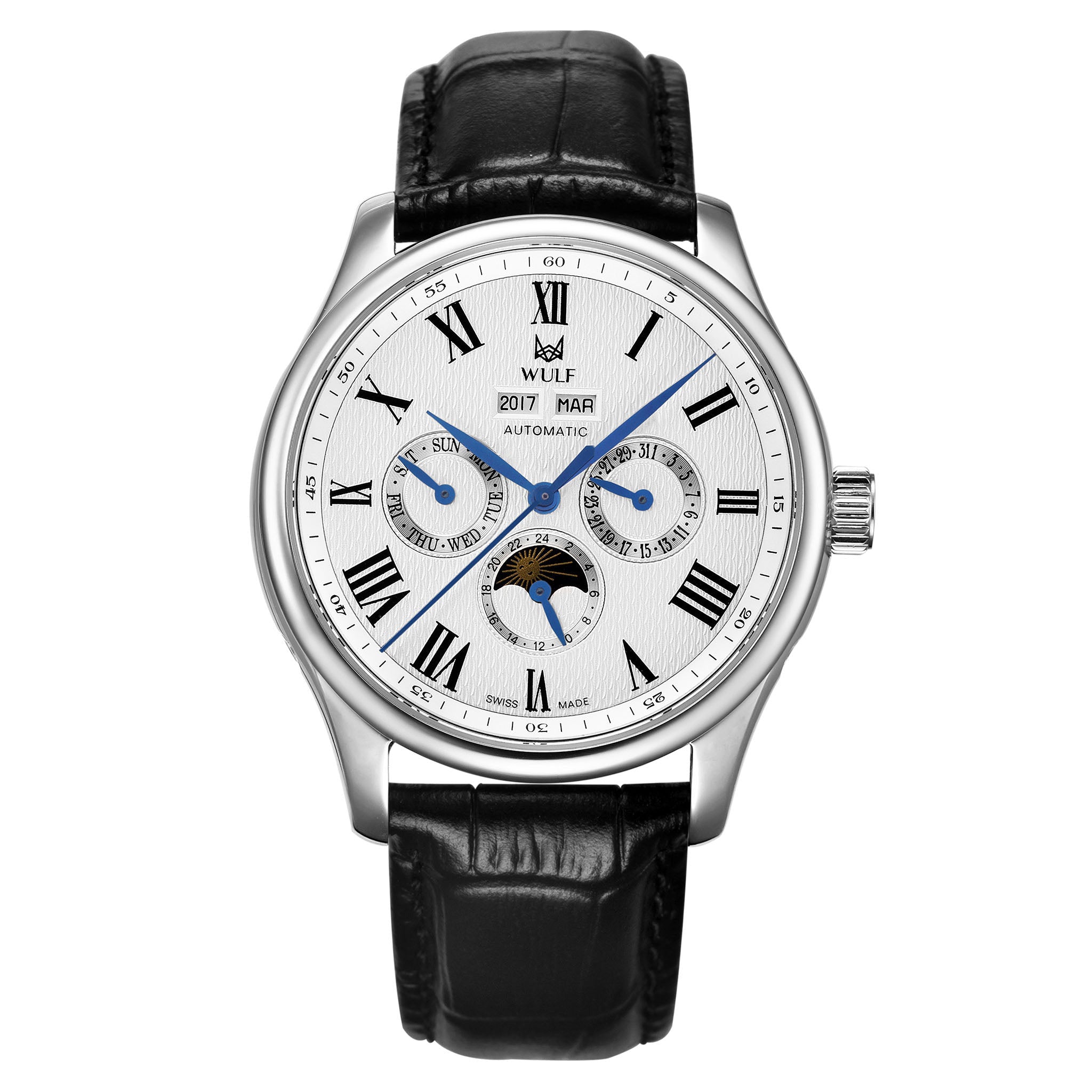 Wulf ALPHA Black Leather White Dial Multi-function Men's Automatic Watch - WF03.01