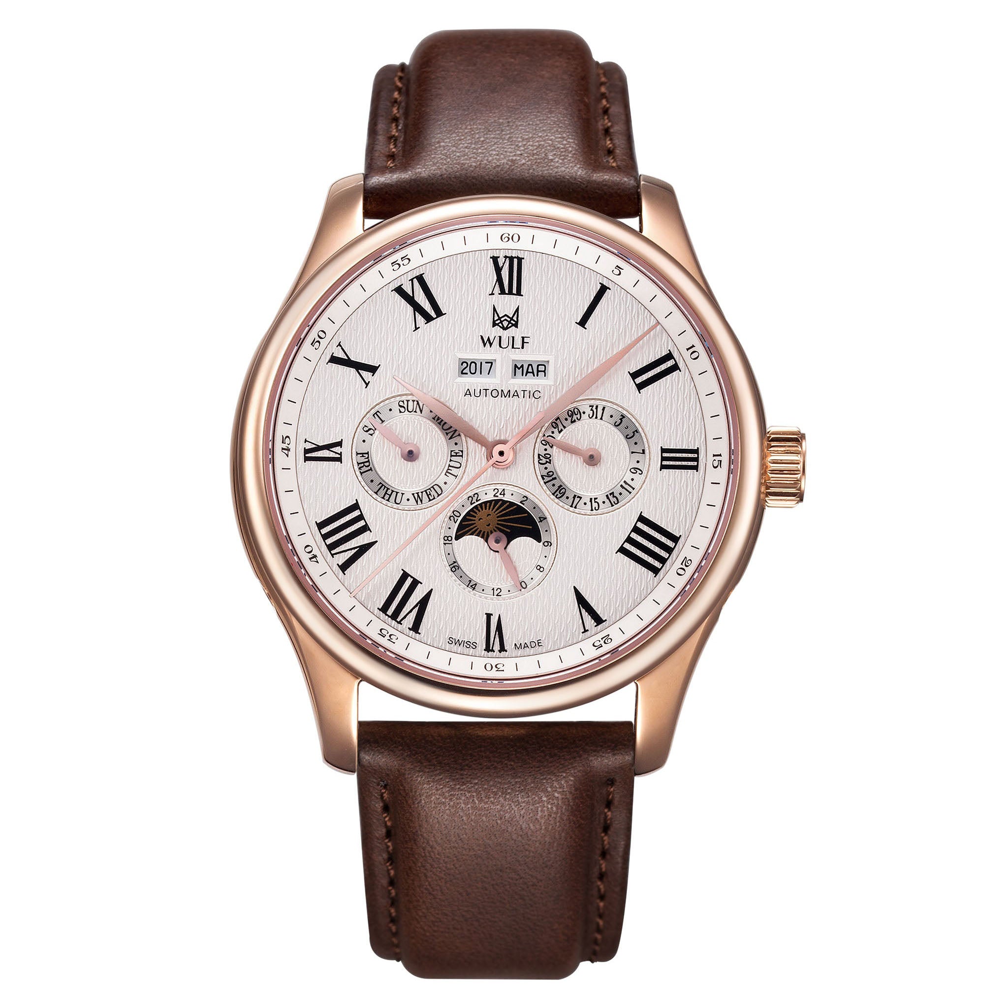 Wulf ALPHA Brown Leather Silver Dial Multi-function Men's Automatic Watch - WF03.02