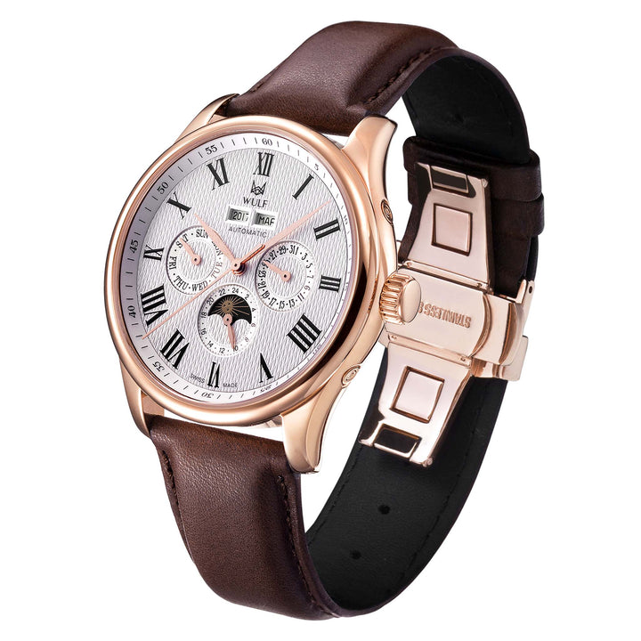 Wulf ALPHA Brown Leather Silver Dial Multi-function Men's Automatic Watch - WF03.02