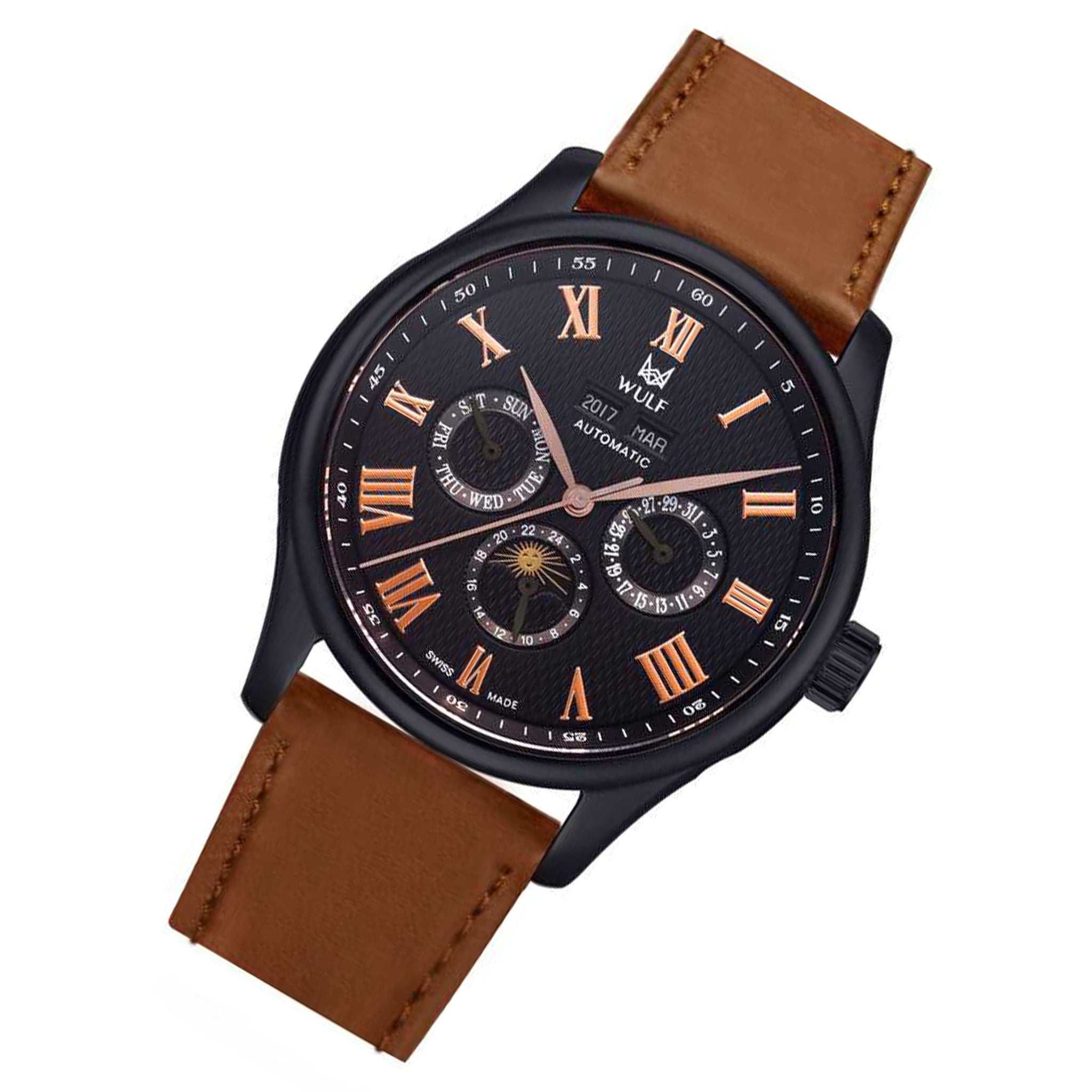 Wulf Exo Brown Leather Black Dial Multi-function Men's Automatic Watch - WF03.05