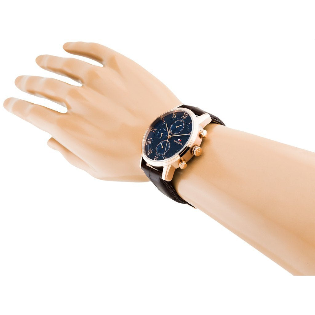 Tommy Hilfiger Brown Leather Blue Dial Men's Multi-function Watch - 1791399