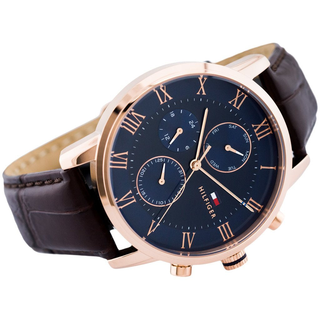Tommy Hilfiger Brown Leather Blue Dial Men's Multi-function Watch - 1791399